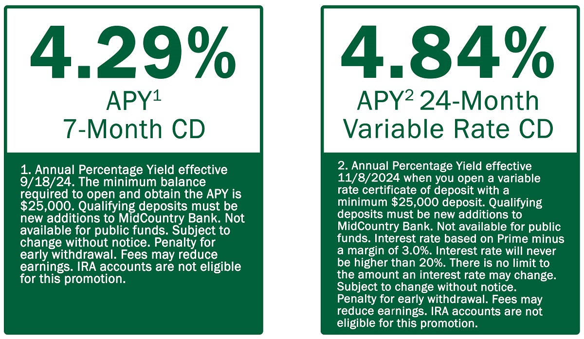 MidCountry Bank Special Offers. Contact us to learn more. 